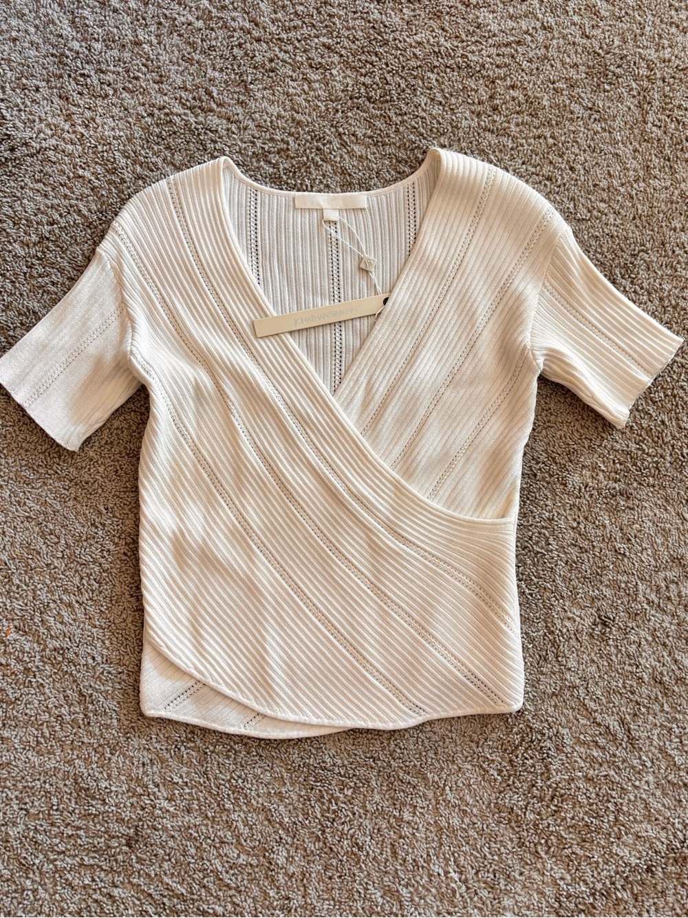 NWT SIMKHAI Ribbed Pointelle Wrap Knit Top Ivory Size L Surplice Sweater